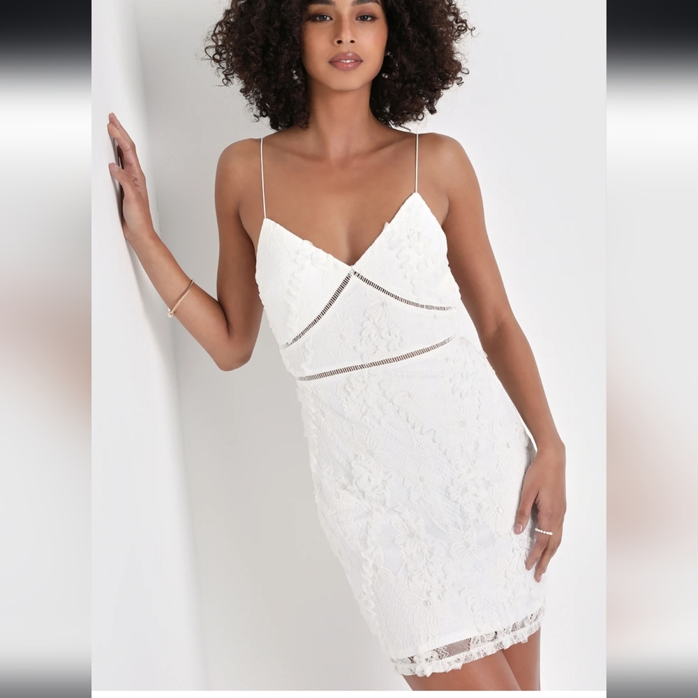 Lulus Lovely Confidence White Textured Lace Backless Mini Dress - Size L